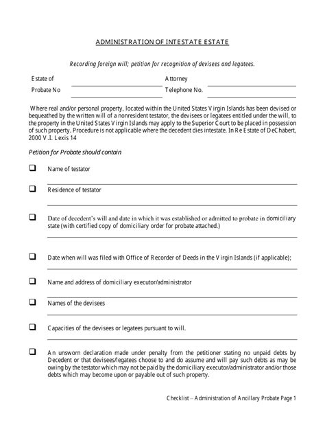 Virgin Islands Administration Of Ancillary Estate Checklist Fill Out