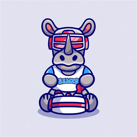 Premium Vector | Cute rhino gamer playing game with virtual reality headset