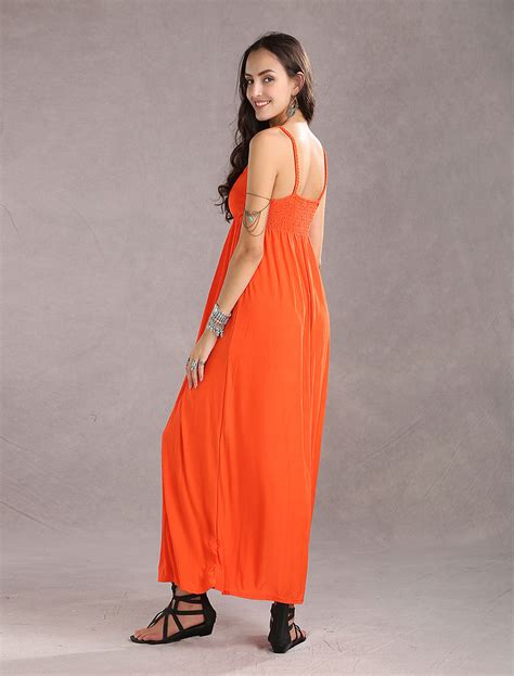 Maxikleid Orange Sommerkleider lang ärmellos mit Trägern Damenmode maxi