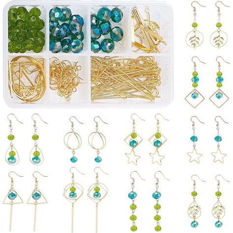 SUNNYCLUE 1 Box DIY 10 Pairs Green Glass Beads Dangle Earring Kits