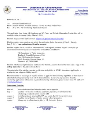 Fillable Online Dpi State Nd Memo 2012 2013 ND Scholarship Application