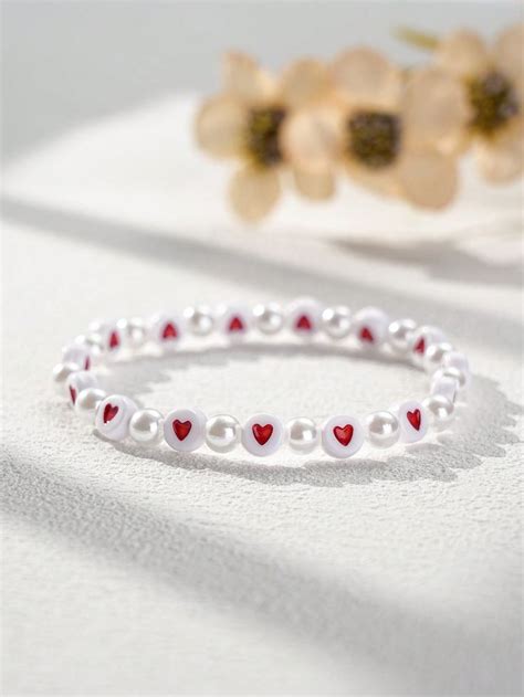 Pi Ce Bracelet De Perles De Coeur Rouge Et De Fausses Perles