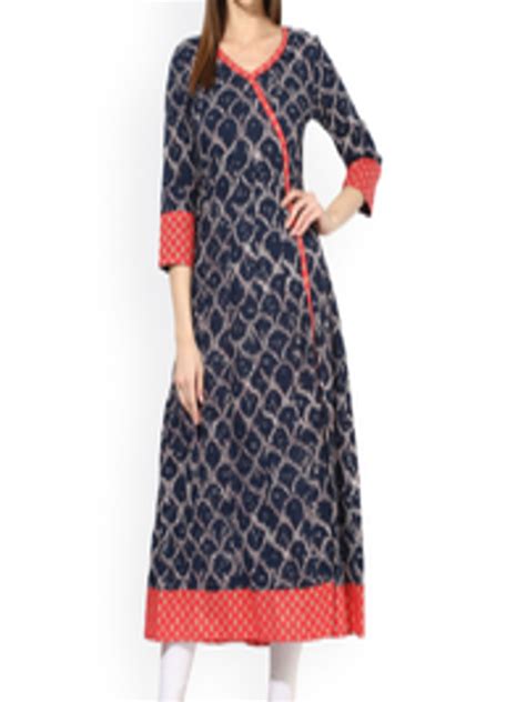 Buy AKS Women Navy Off White Printed A Line Kurta Kurtas For Women