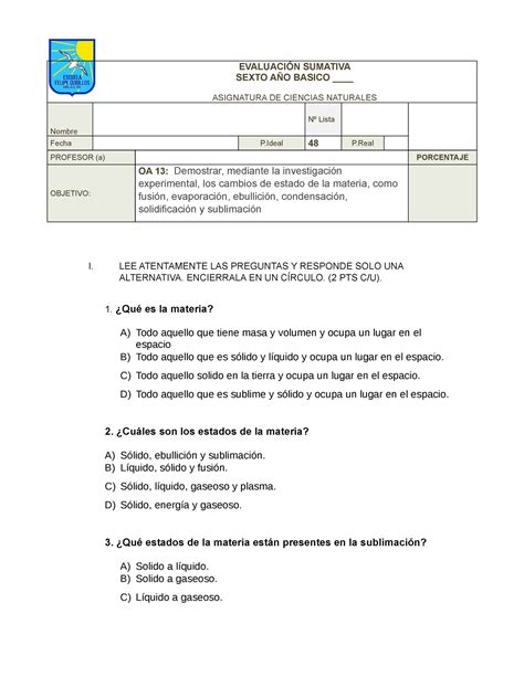 Prueba DE 6TO LOS Estados DE LA Materia EVALUACIÓN SUMATIVA SEXTO