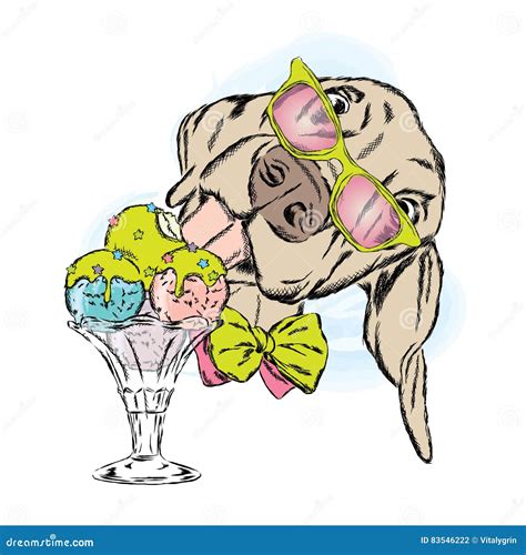 Dog Eats Ice Cream. Cute Puppy with Dessert. Stock Vector ...