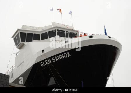 The bulbous bow of the Glen Sannox ferry at it's launch in Ferguson Marine shipyard, Greenock ...