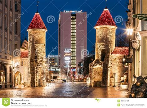 Tallinn Estonia Famous Landmark Viru Gate In Street Lighting At