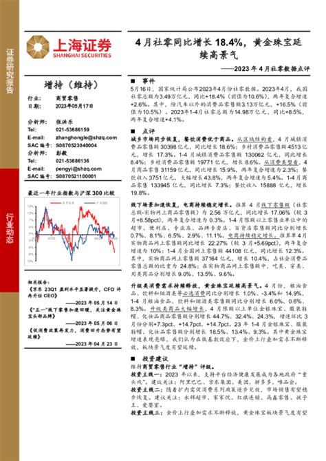 商贸零售行业2023年4月社零数据点评：4月社零同比增长184，黄金珠宝延续高景气