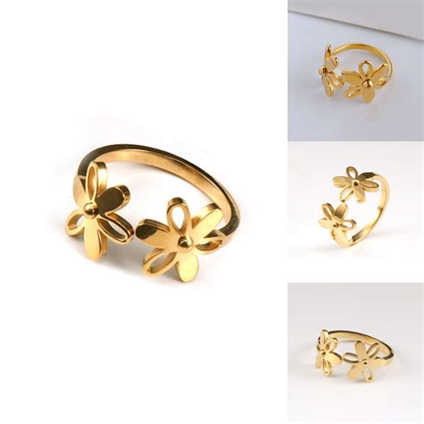 Daisy Flower Ring K Gold Plated Titanium Hollow Adjustable New