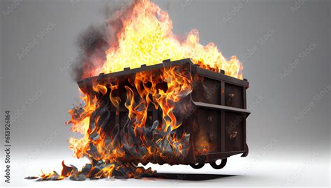 Burning Garbage Out Of Control Dumpster Fire Isolated On White