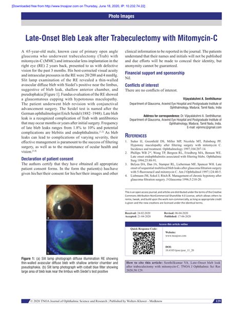 Pdf Late Onset Bleb Leak After Trabeculectomy With Mitomycin C