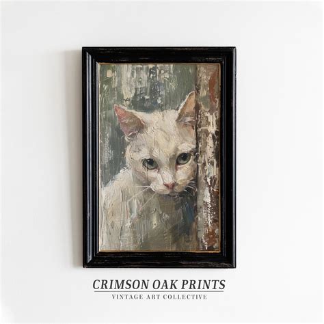 Vintage White Cat Oil Painting Classic Kitten Portrait Art Animal