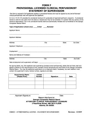 Fillable Online Medicalboard Georgia Form F Provisional Licensed