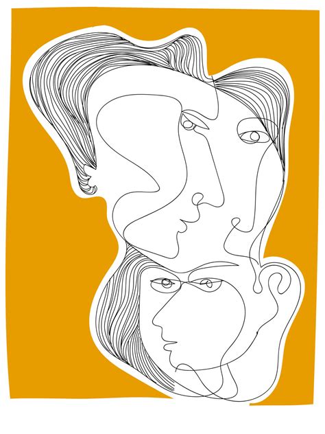 Abstract Face Portrait Man Woman Hand Drawing Line Art Yellow Black