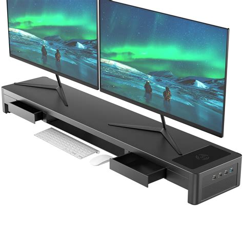 STARVIKY Dual Monitor Stand Riser with Drawers and Audio,4 USB Ports ...