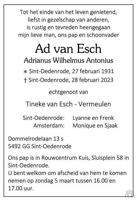 Ad Adrianus Wilhelmus Antonius Van Esch 28 02 2023 Overlijdensbericht