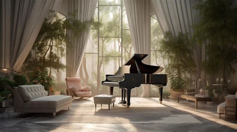 Un piano en una habitación con un gran ventanal y un árbol al fondo