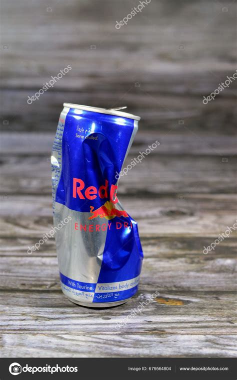 Cairo Egypt October 2023 Crushed Dented Red Bull Energy Drink Stock