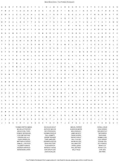 Marvel Movie Actors Word Search Hard Logic Lovely