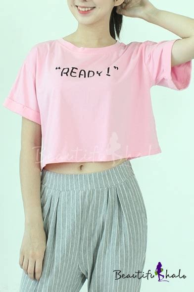 Letter Print Round Neck Short Sleeve Cropped Tee