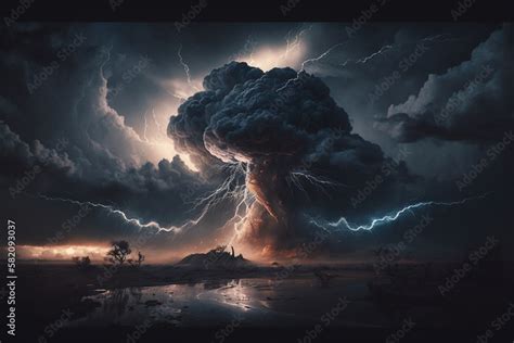 Dramatic Storm clouds with lightning strikes and dark atmosphere. Giant Storm with heavy dark ...