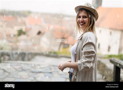 Happy Blond Female Wearing Hat Outdoor Stock Photo Alamy