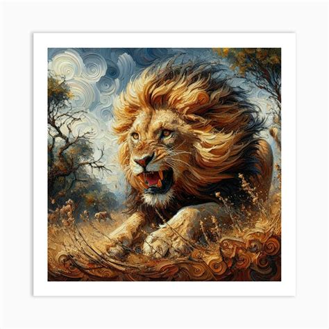 lion pouncing art print  peanut fy