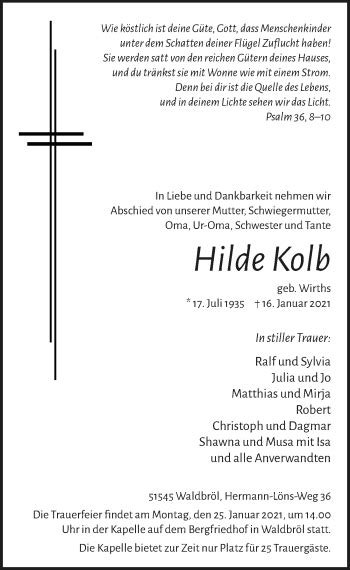 Traueranzeigen Von Hilde Kolb Wirtrauern