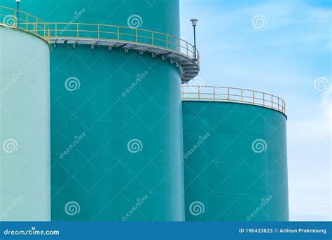 Closeup Fuel Storage Tank In Petroleum Refinery Blue Big Tank Of Oil