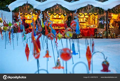 Snowy Christmas Market Illuminated Shops Wooden Huts Ts Handmade