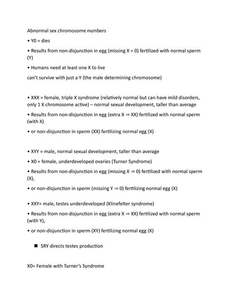 Z6 Abnormal Sex Chromosome Numbers Abnormal Sex Chromosome Numbers Y0 Dies Results From