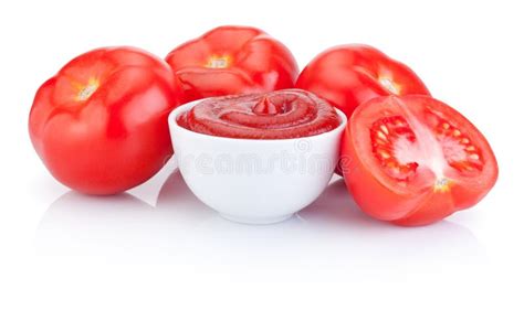 Bowl With Tomato Sauce And Juicy Red Tomatoes Isolated On White Stock