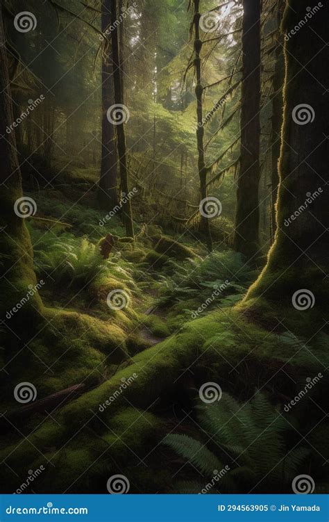 Mysterious Evergreen Forest with Moss and Ferns. Stock Illustration ...