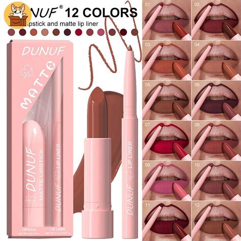 DUNUF 12 Color Matte Lipstick With Lip Liner Waterproof Nude