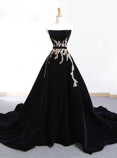 Black Velvet Strapless Appliques Crystal With Long Train Wedding Dress