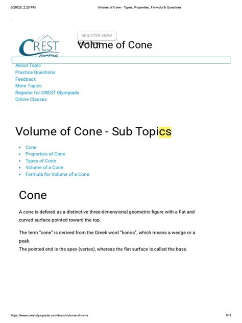 Volume of Cone - Types, Properties, Formula & Questions | PDF