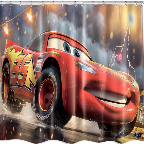 Lightning Mcqueen Racing Shower Curtain With Thunderstorm Background In