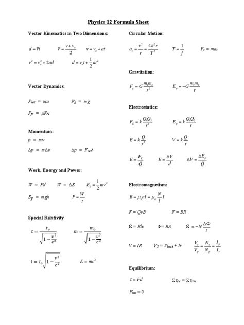 Physics 12 Formula Sheet Pdf Motion Physics Theoretical Physics