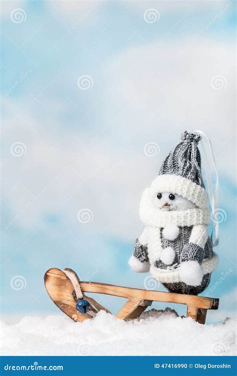 Happy Snowman On A Sled Stock Photo Image Of Detail 47416990