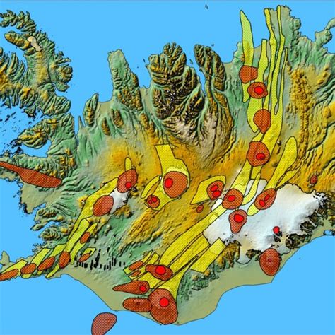 Tectonics in Iceland. Red areas are calderas, orange areas are central ...