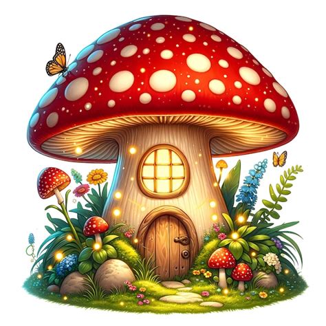 Whimsical Mushroom House Illustration In An Enchanted Forest Premium