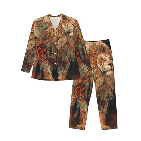 Adobk Majestic Cosmic Lion Print Mens Pajamas Set Long Sleeve Soft Pajamas for Men Button Down ...