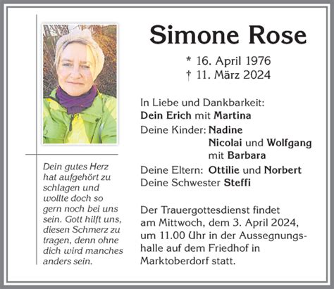 Traueranzeigen Von Simone Rose Allg Uer Zeitung