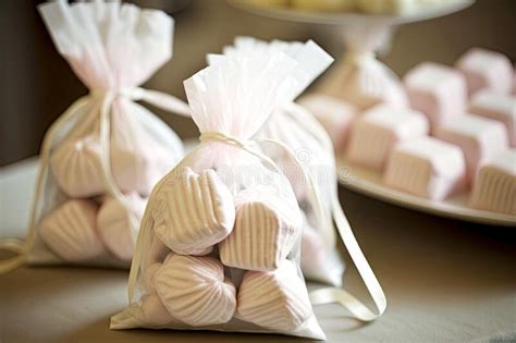 Delicate Soft Pink Homemade Candy In White Bags For Birthdays Stock