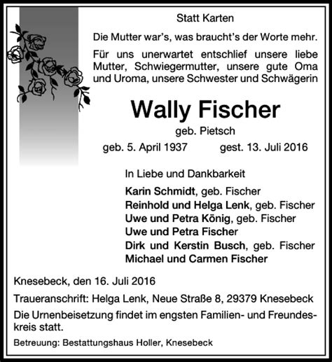 Traueranzeigen Von Wally Fischer Trauer Anzeigen De