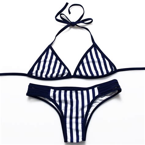 New Sexy Navy Blue Ruffle Bow Tie Striped Cheap Push Up Halter Big Size Women Bikini Female