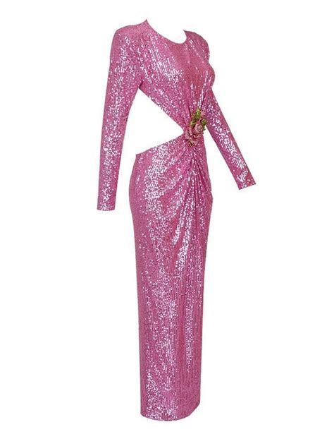 Aviva Long Sleeve Cutout Sequin Maxi Dress In Pink Mew Mews