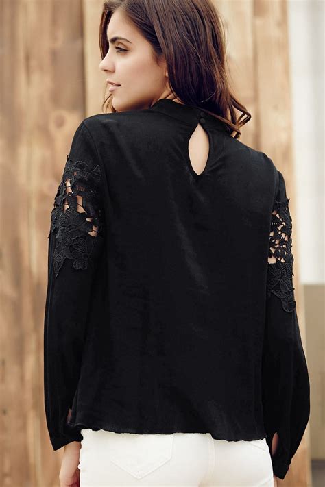 Lace Spliced Stand Collar Long Sleeve Black Blouse Black Sponsored