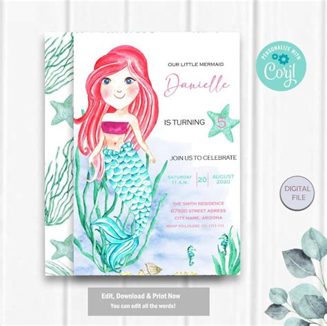 Editable Mermaid Invitation, Mermaid Party Invitation, Mermaid Birthday ...