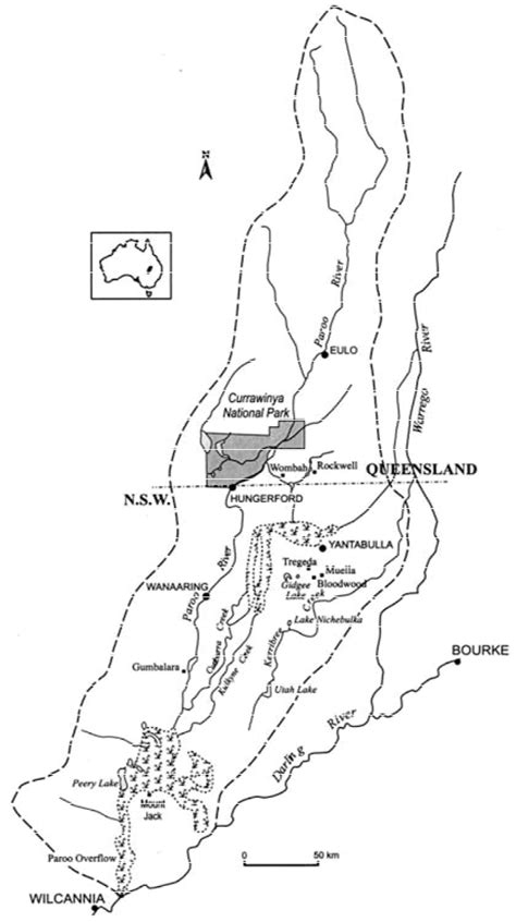 Map of the Paroo catchment, arid-zone Australia, with major place names ...